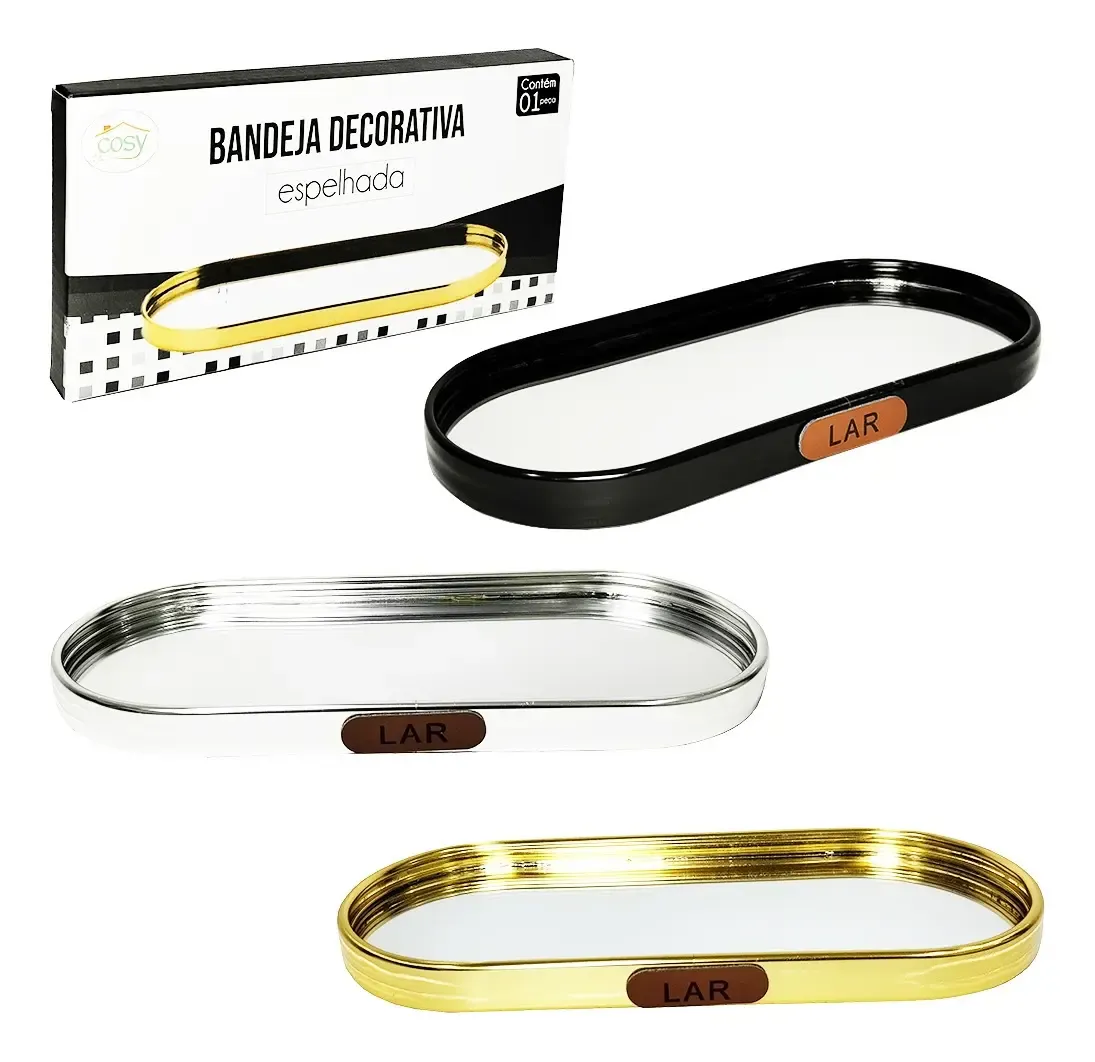 Bandeja Decorativa Oval de Alumínio Dourada com Espelho – 22cm x 9,5cm, foto 3