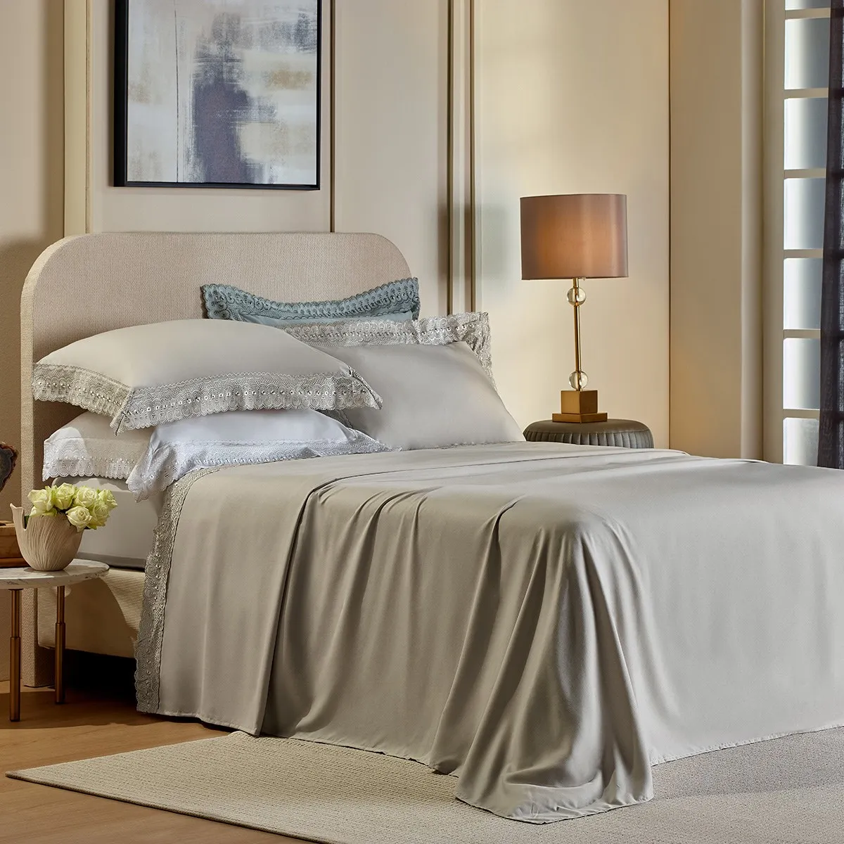 Jogo de Cama Casal Bordado Inglês Premium Appel Home – 4 Peças – Amêndoa