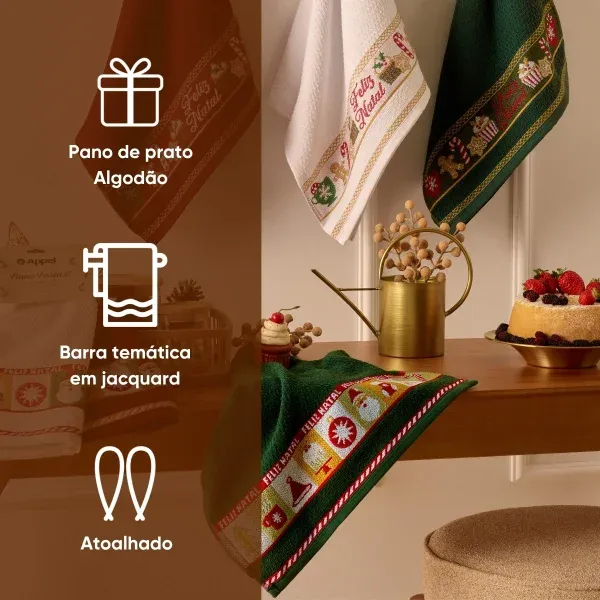 Pano de Prato Atoalhado Natalino Appel Home Barra Jacquard 45cm x 68cm – Doces Verde, foto 4