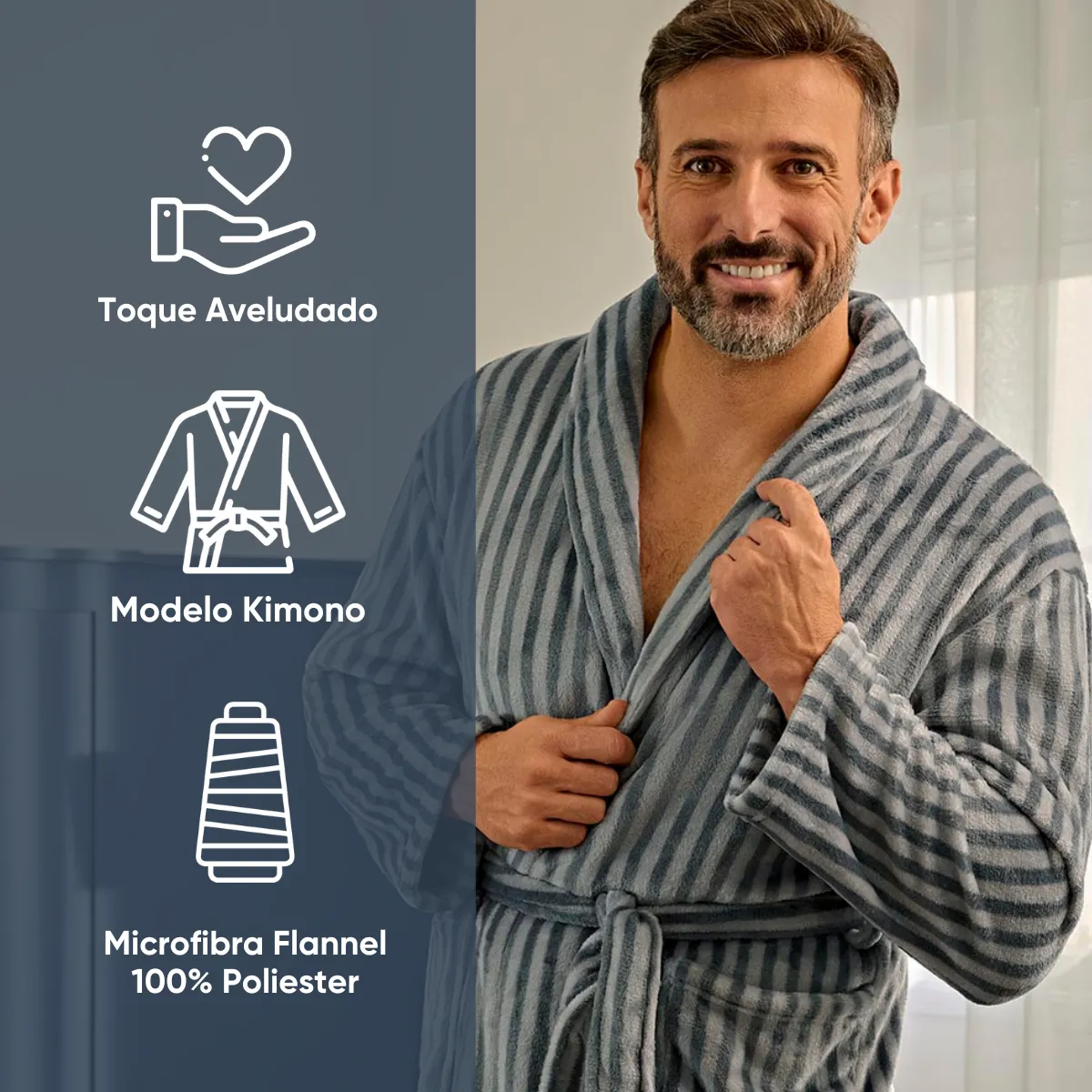 Roupão de Microfibra Flannel Charme Appel Home – Listrado Cinza, foto 3